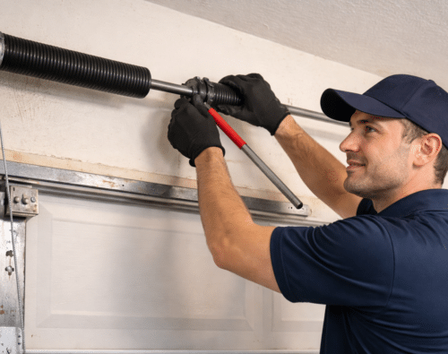 A technician in gloves and a cap uses a wrench to adjust the torsion spring on a residential garage door.