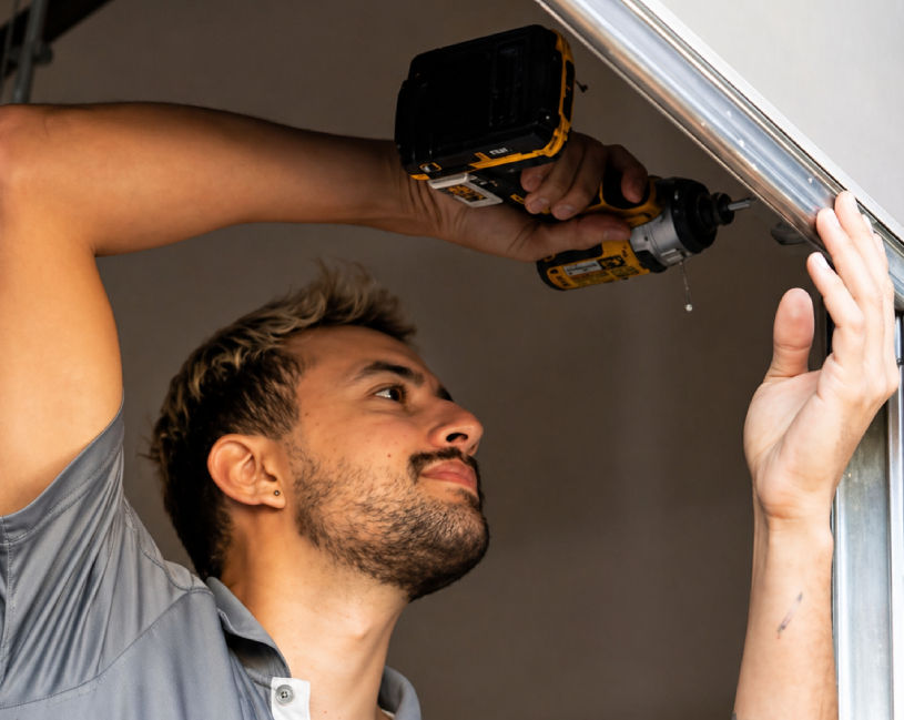 Technician using a cordless drill to secure a garage door track.