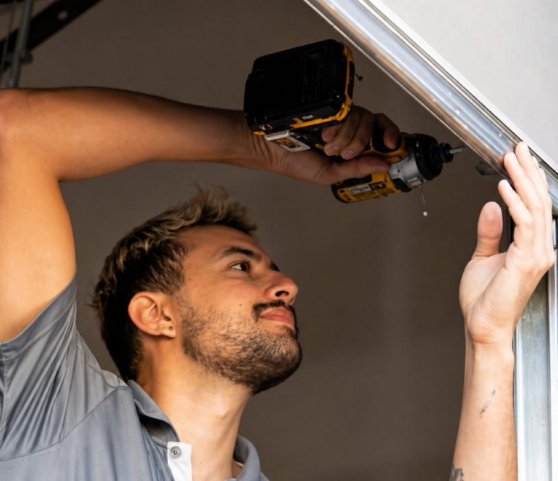 Technician in a gray polo shirt using a cordless drill to install a garage door frame.