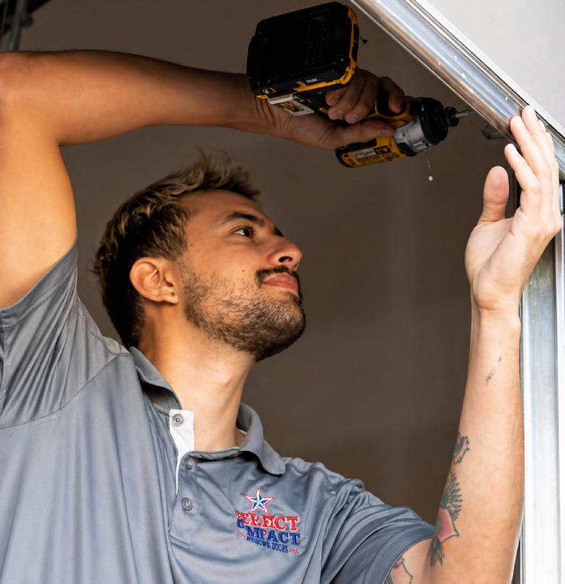 Technician using a cordless drill to install a garage door track and frame.