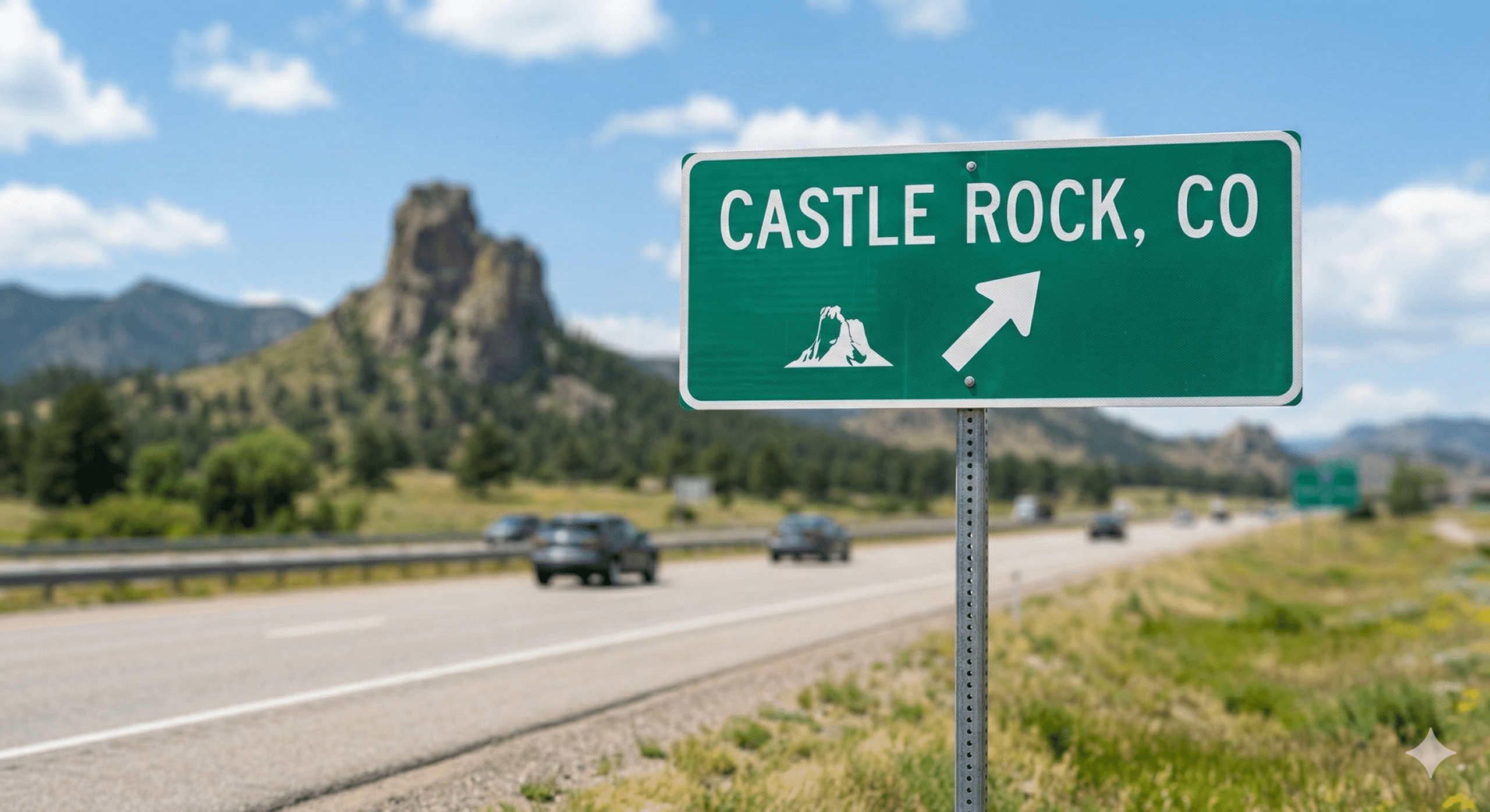 Green road sign for Castle Rock, Colorado, with cars driving on a nearby highway and a large rock formation visible in the background.
