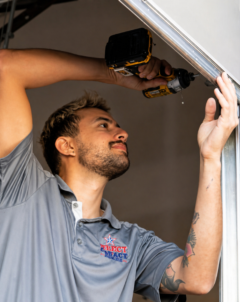 Technician in a gray polo shirt using a cordless drill to install a garage door frame.