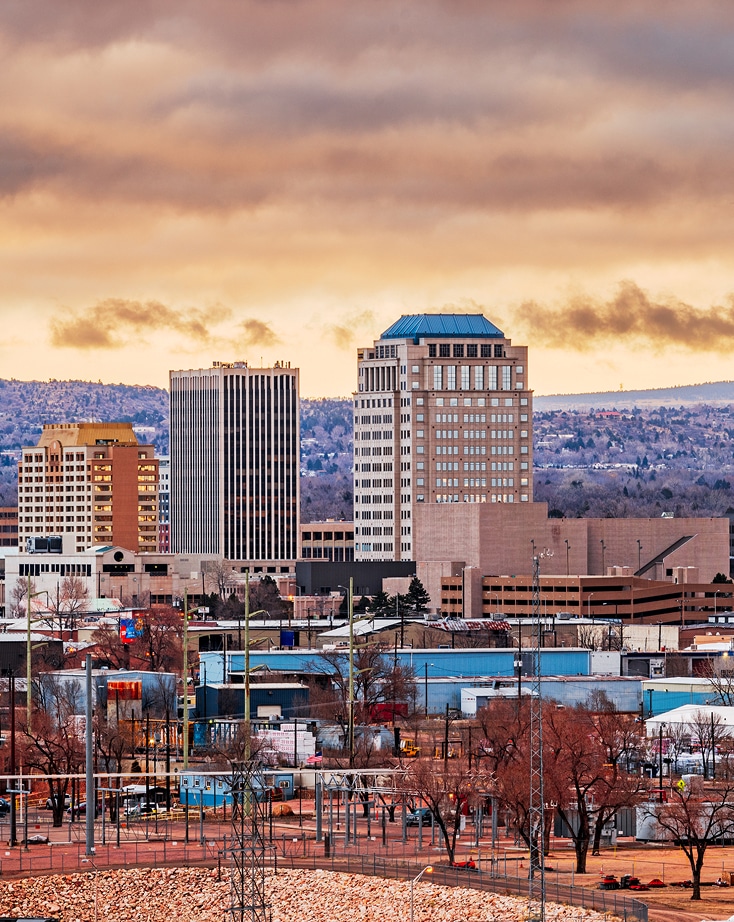 a scenic view of the downtown skyline in Colorado