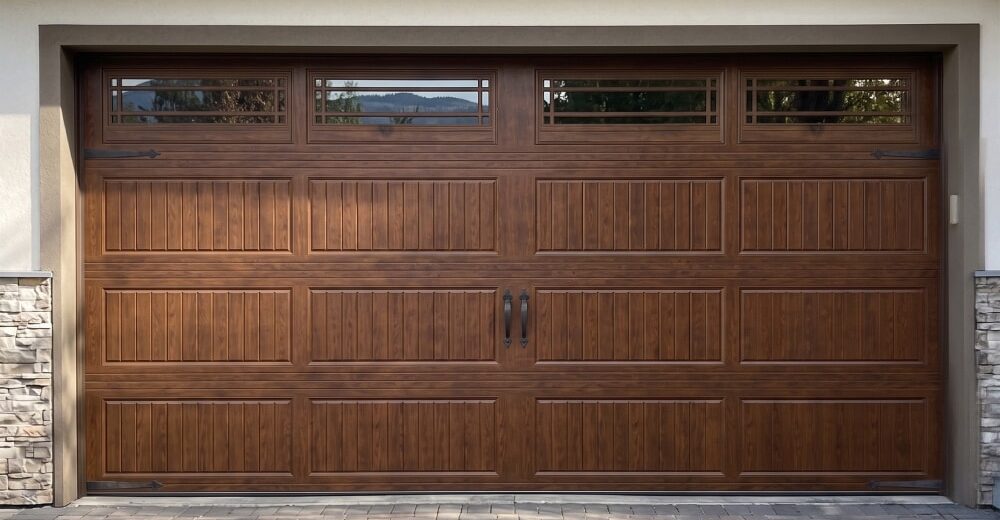 Brown wooden garage door with vertical and horizontal paneling, decorative black hardware, and four small rectangular windows along the top.