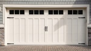 Closed white garage door with vertical panels, black decorative hinges, handles, and four rectangular windows along the top. Brick driveway and partial view of house siding and stone trim.