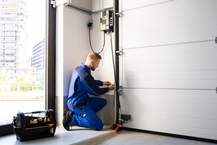 Technician in blue overalls kneels to repair or install the control panel of an automatic garage door, with a tool bag placed nearby.