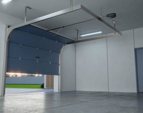 Interior of an empty garage with a partially open blue overhead door, gray concrete floor, and a door on the right wall.
