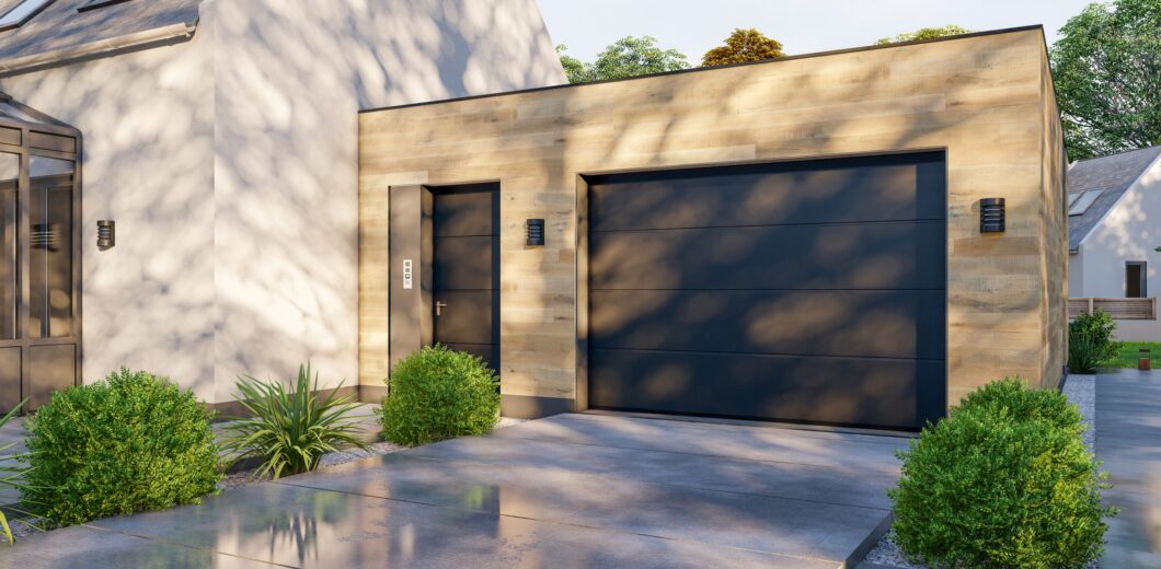 Modern house exterior featuring a wooden facade, black garage door, entry door, wall-mounted lights, and neatly trimmed shrubs along the driveway.