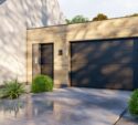 Modern detached garage with light wood siding, a dark single garage door, side entry door, two wall lights, and landscaped bushes on a concrete driveway.