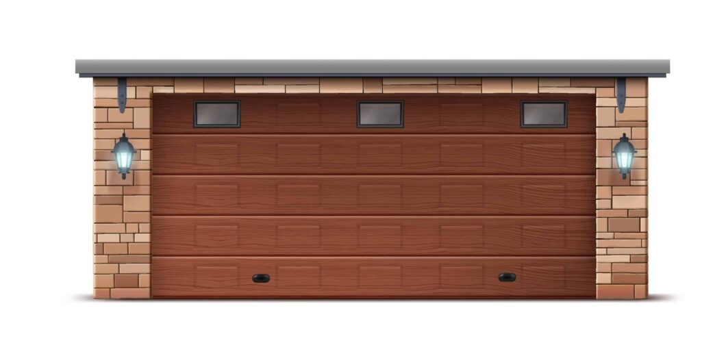 A closed brown wooden garage door with four small rectangular windows and two wall-mounted lantern-style lights on either side.