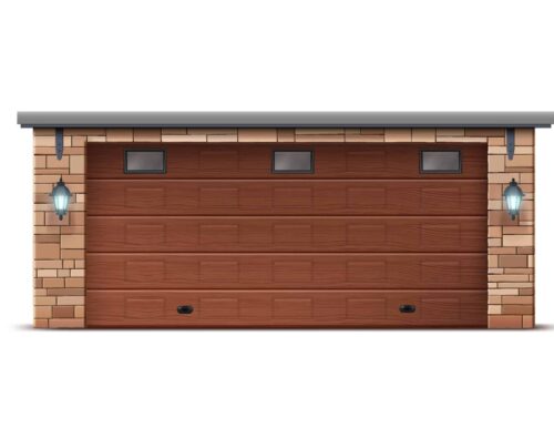 A closed brown wooden garage door with four small rectangular windows and two wall-mounted lantern-style lights on either side.