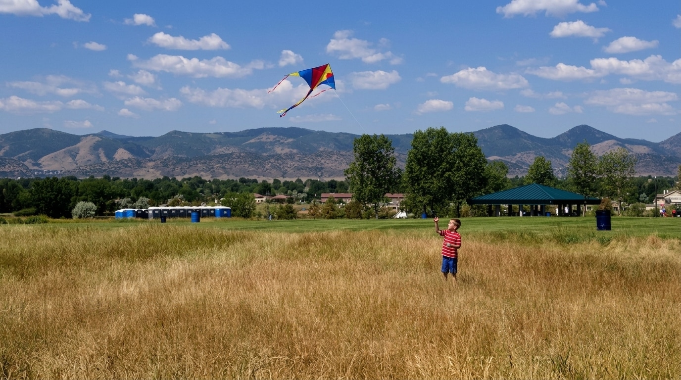 A child in a striped shirt flies a kite in a grassy field in Littleton, CO, with mountains, trees, and a pavilion in the background under a partly cloudy sky.
