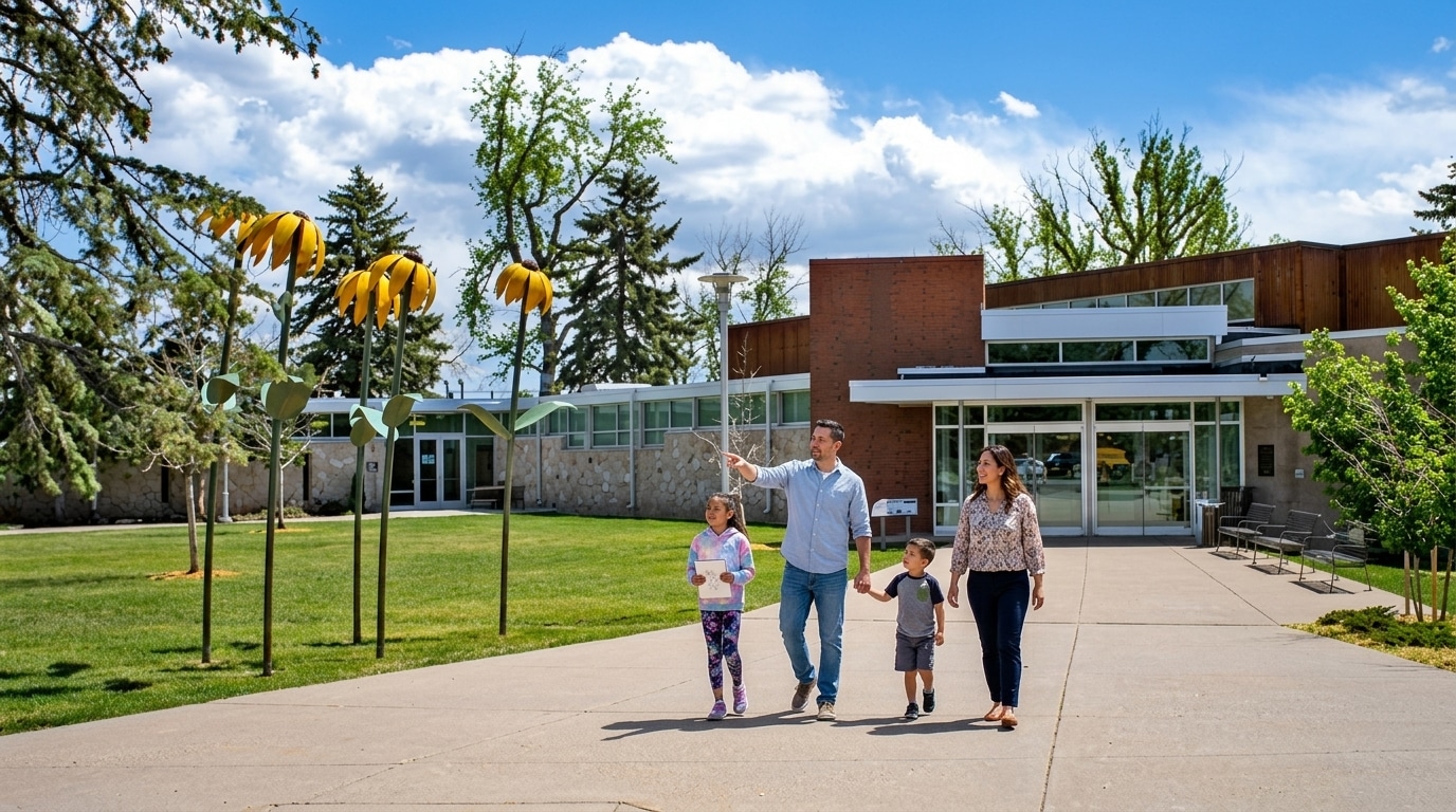 A family of four walks on a sidewalk past large yellow flower sculptures outside a modern building on a sunny day in Littleton, CO.