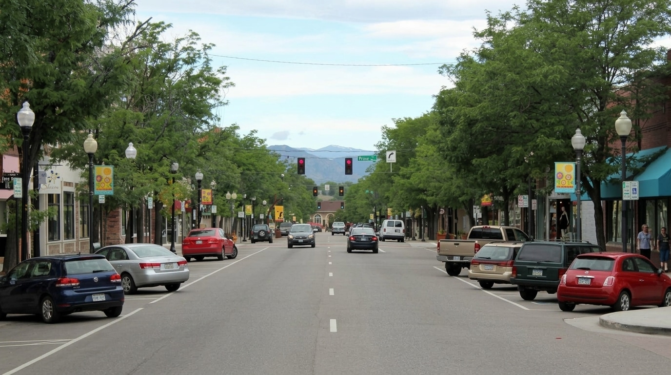 A wide view of a small town street in Littleton, CO, lined with parked cars, green trees, and shops, with traffic lights and mountains visible in the background.