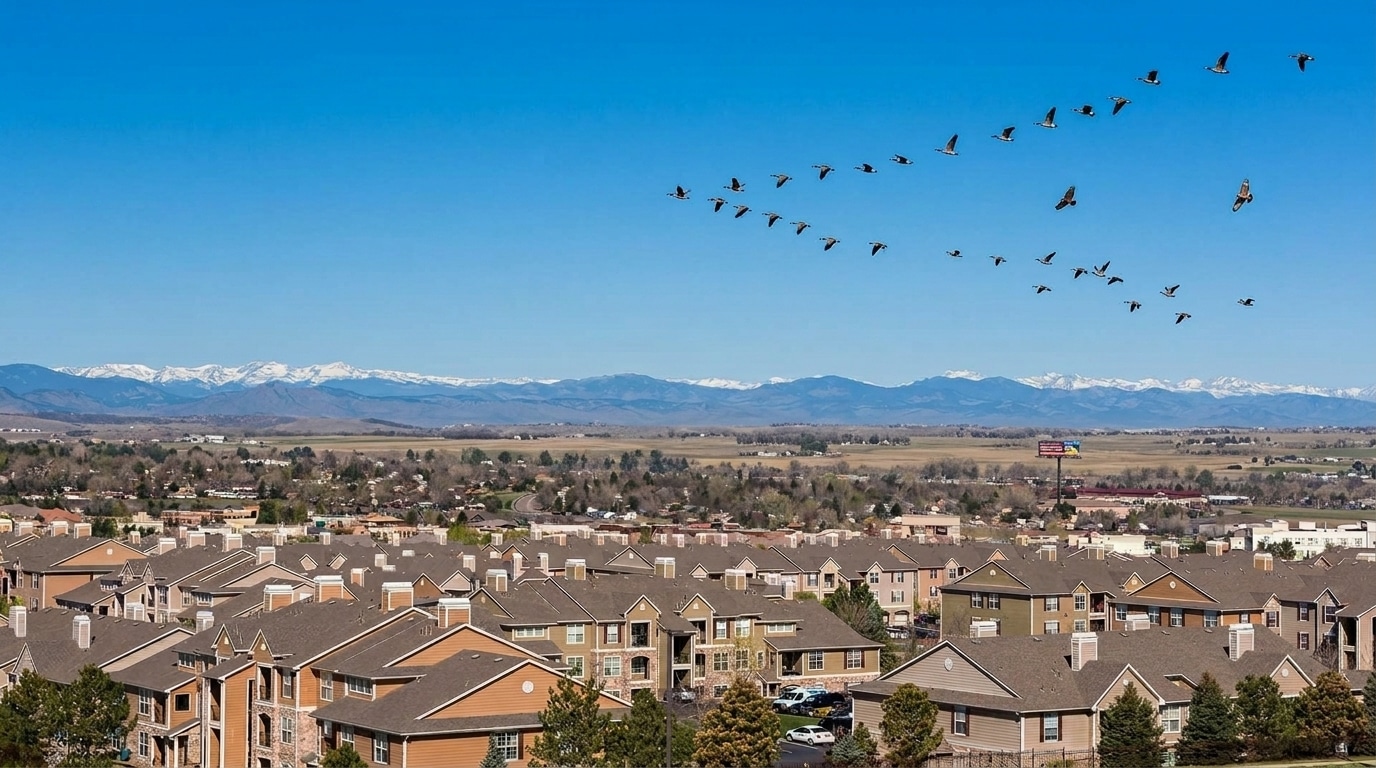 A flock of birds flies in formation over a suburban neighborhood in Highlands Ranch, CO, with mountains visible in the distance under a clear blue sky.