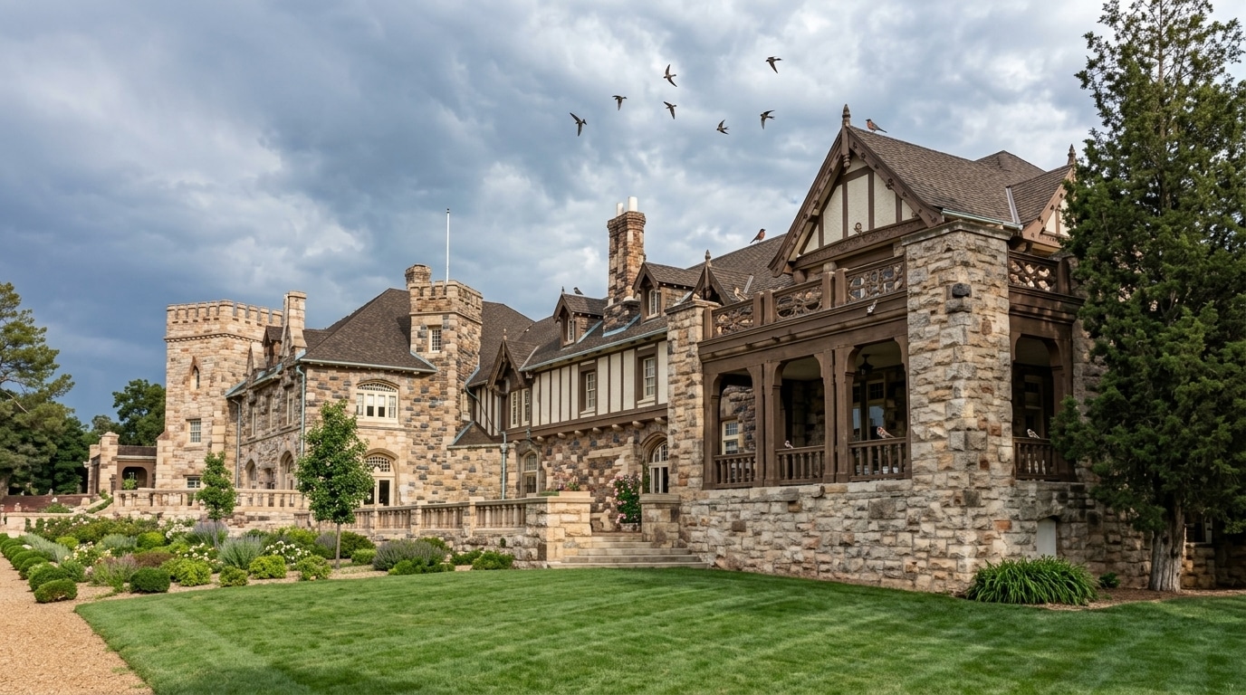 A large stone mansion with Tudor-style architecture in Highlands Ranch, CO, surrounded by manicured lawns and gardens, under a cloudy sky with birds flying overhead.