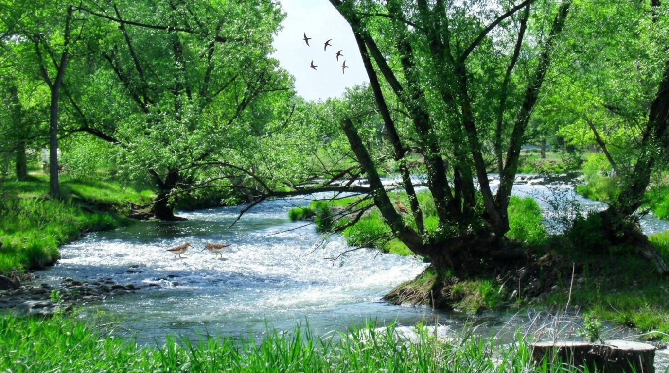 A river flows through a green, tree-lined landscape in Wheat Ridge, CO, with birds flying above and deer wading in the water.