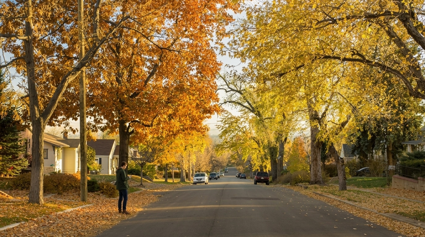 A person walks on a quiet residential street in Wheat Ridge, CO, lined with houses and trees with autumn foliage, fallen leaves scattered on the ground.