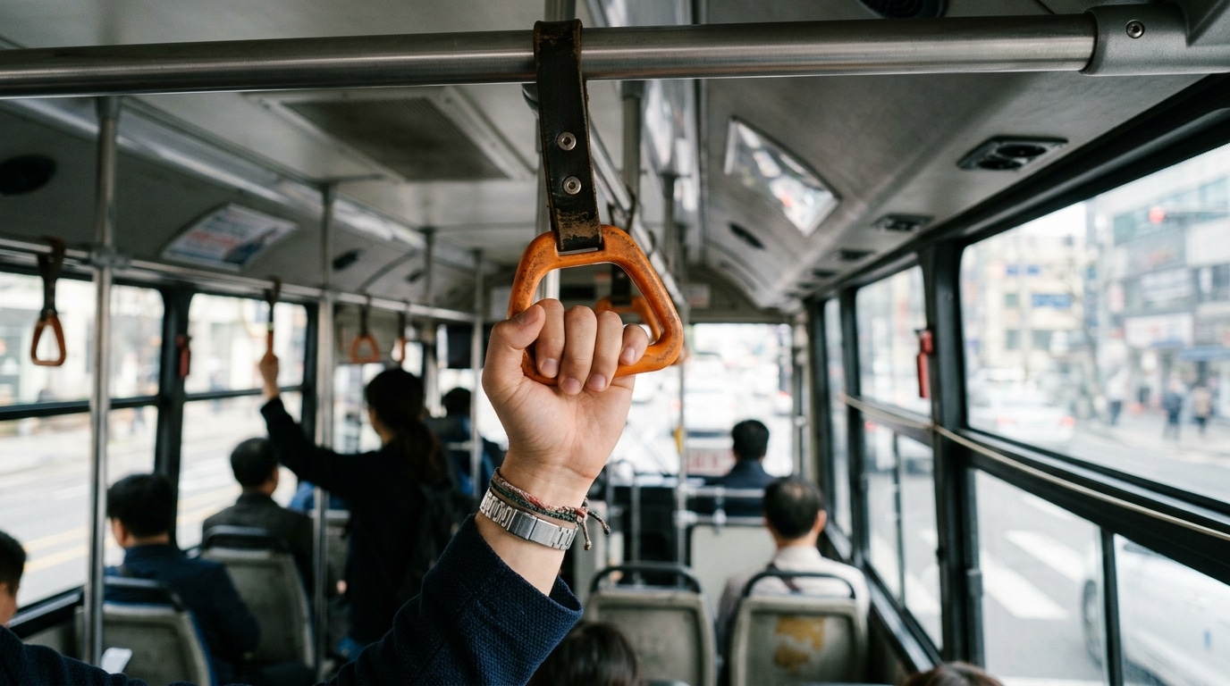 A person holds an orange hand strap inside a city bus in Highlands Ranch, CO, with several seated passengers visible and street scenes outside the windows.