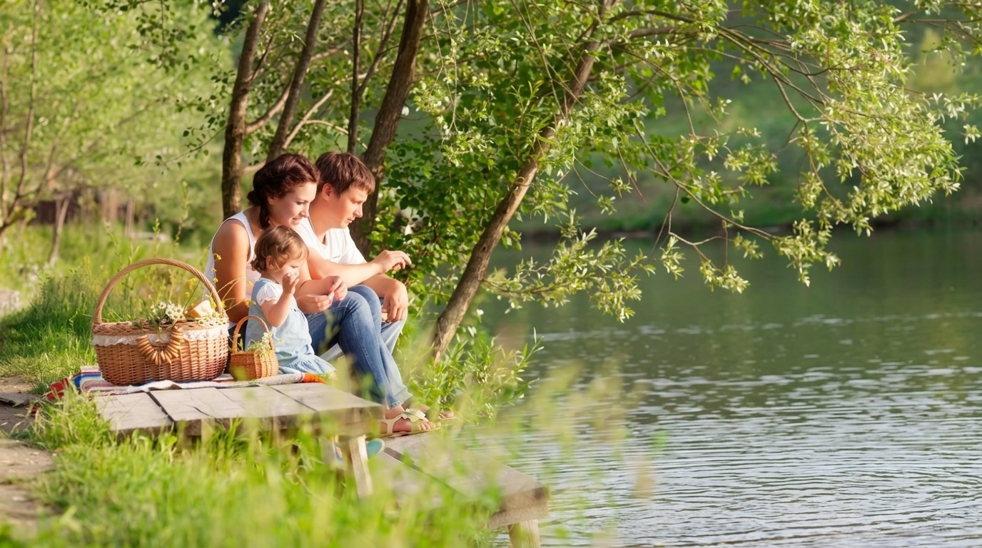 A family sits on a wooden bench by a lakeside, with a picnic basket nearby, surrounded by green trees and grass on a sunny day.