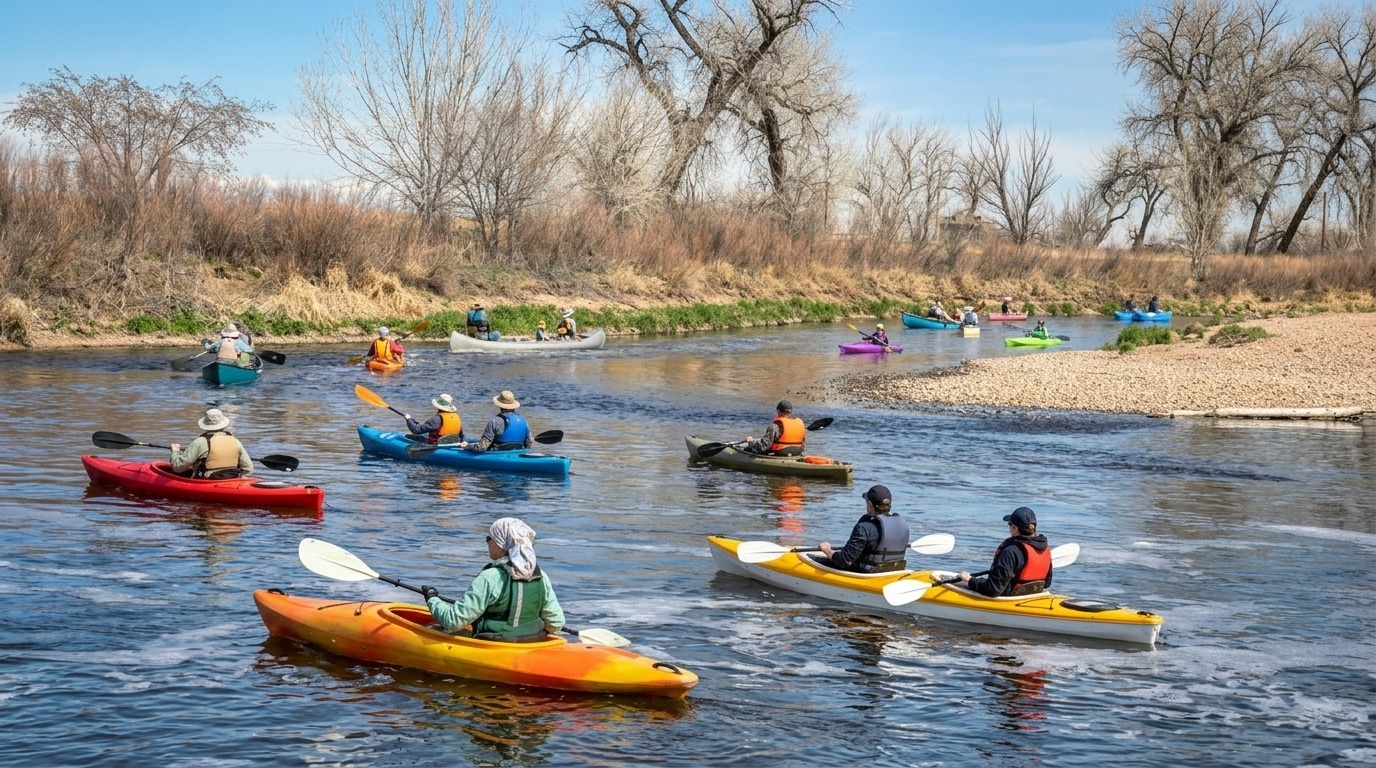 A group of people paddle colorful kayaks along a calm river near Brighton, CO, surrounded by trees and dry grass on a clear day.