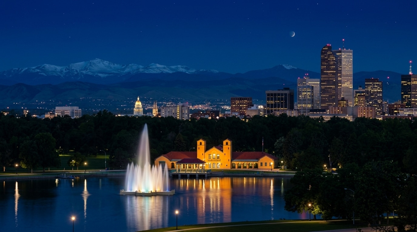 Denver city skyline at night with illuminated buildings, a fountain in a lake, and mountains visible in the background under a crescent moon—just a short drive from Brighton, CO.