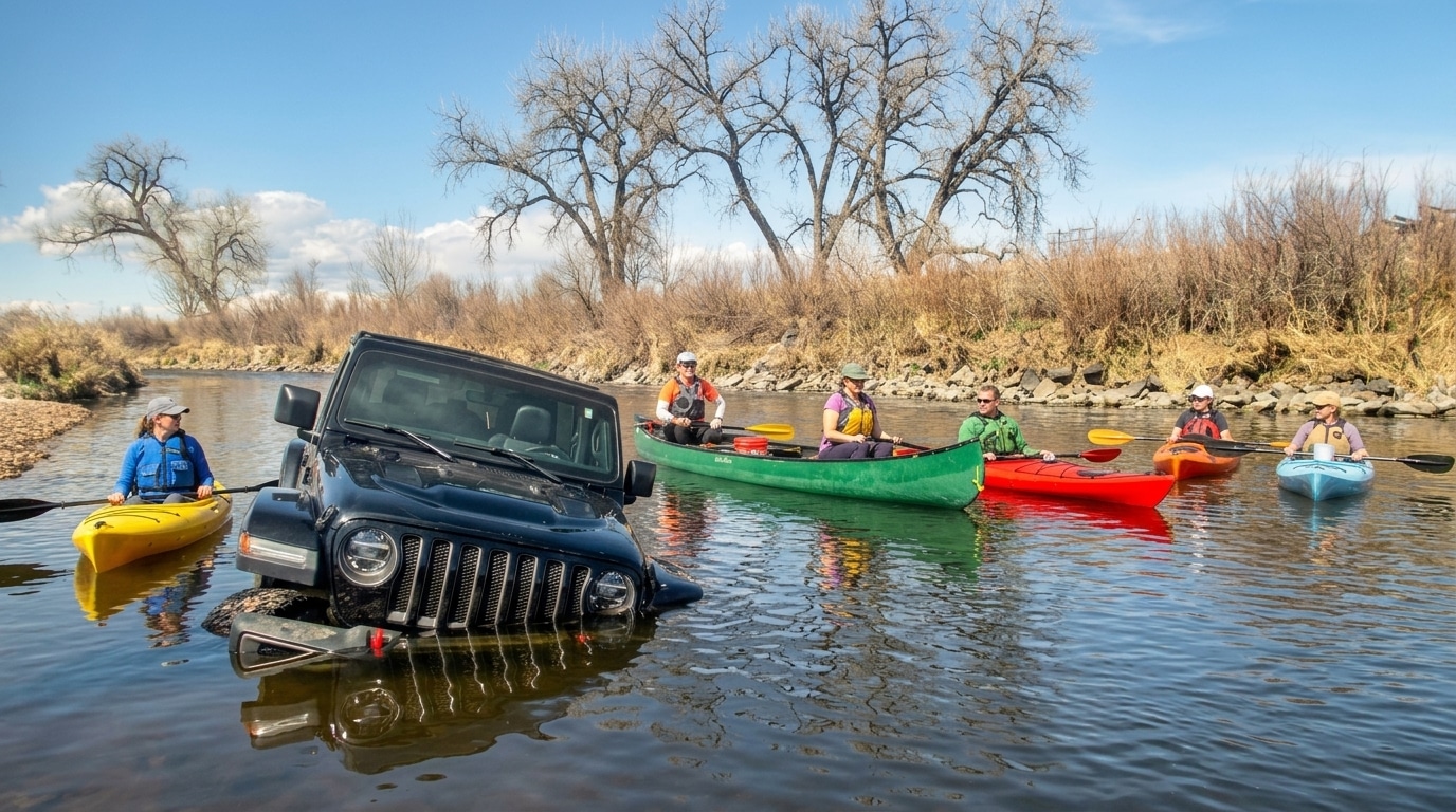 A black SUV is partially submerged in a shallow river near Brighton, CO, as six people in kayaks and canoes observe nearby.