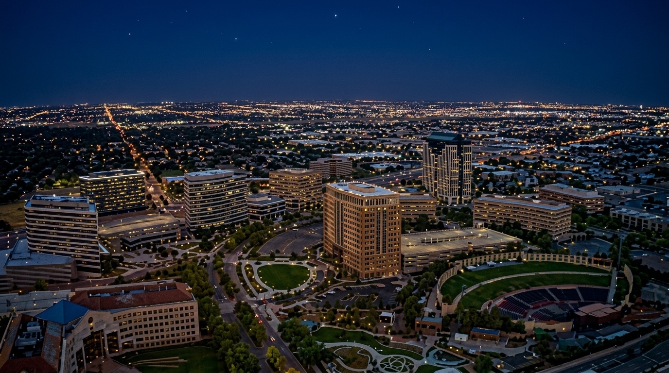 Aerial view of Centennial, CO at night with illuminated office buildings, bustling streets, and a vibrant sports field in the foreground.