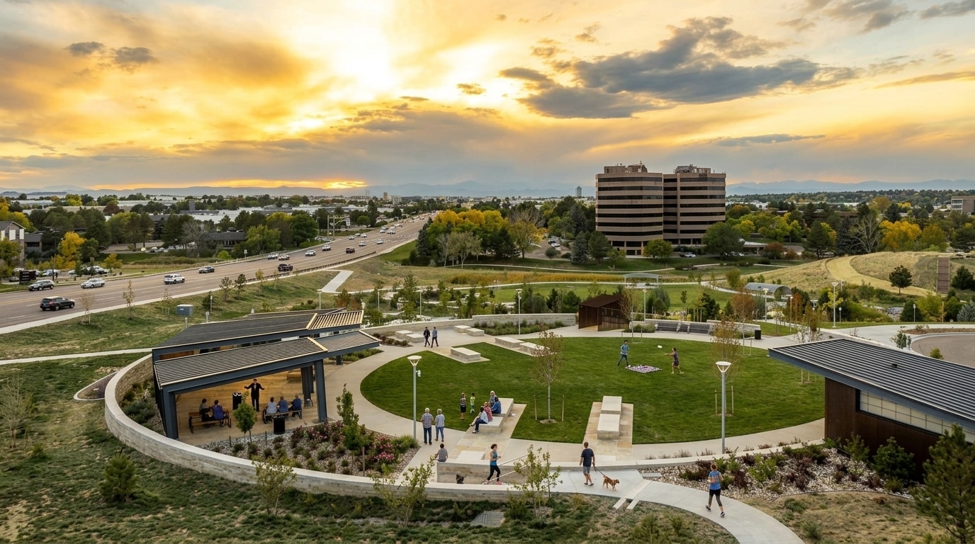 People walk and play in Centennial’s circular park with green lawn, modern shelters, and paths, set against a backdrop of roads, buildings, and a dramatic CO sunset sky.