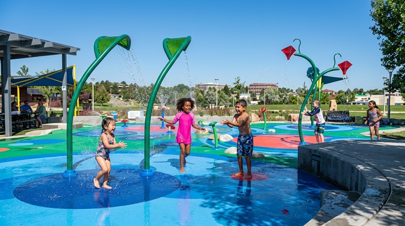 Children play and run through water features at an outdoor splash pad in Centennial, CO, on a sunny day.