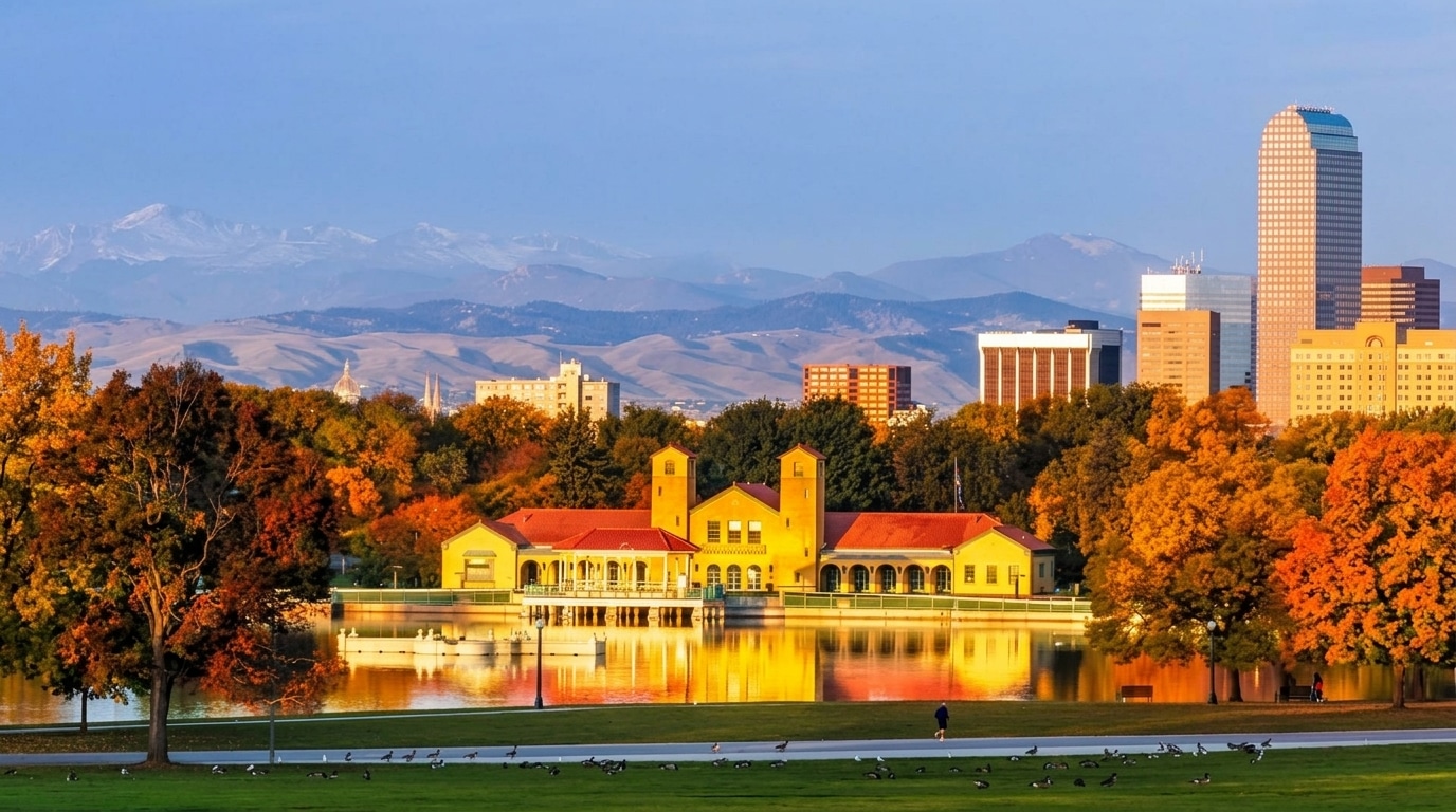 A city park in Denver, CO, with a large lake, yellow building, autumn trees, and city skyscrapers in the background, with mountains visible in the distance.