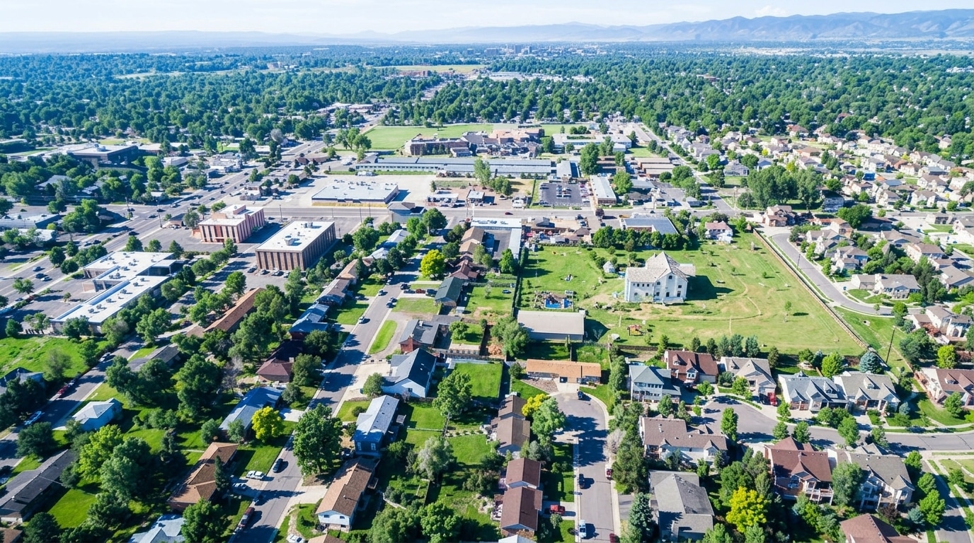 Aerial view of a suburban Denver, CO neighborhood with houses, green lawns, roads, and commercial buildings under a clear sky.