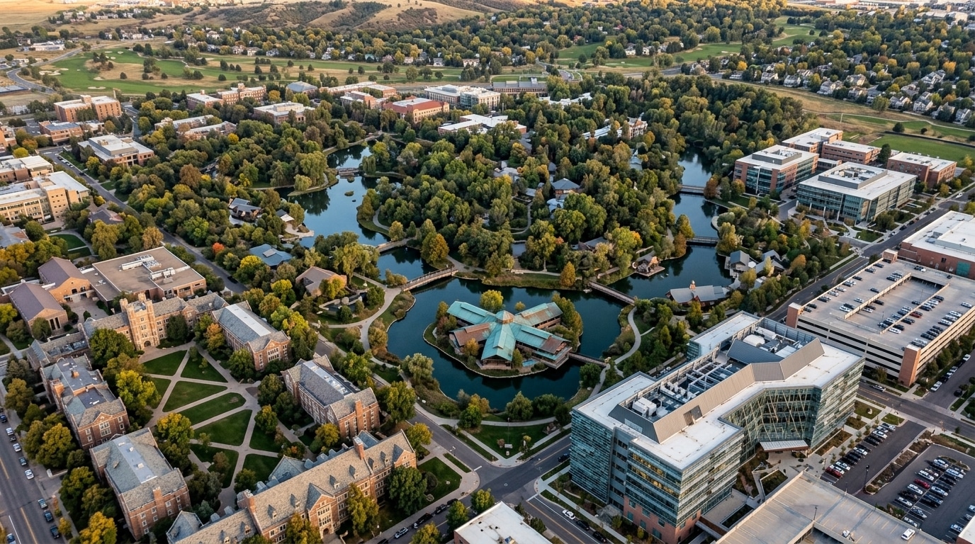 Aerial view of a large Denver, CO campus featuring multiple buildings, green spaces, tree-lined paths, and a central pond with an island structure.