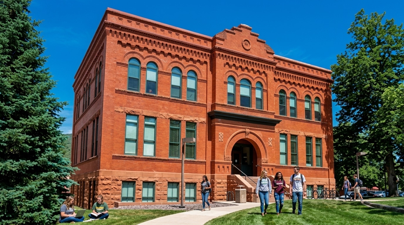 A red brick campus building with arched windows and decorative trim in Golden, CO, surrounded by green trees and grass, with students walking and sitting outside.