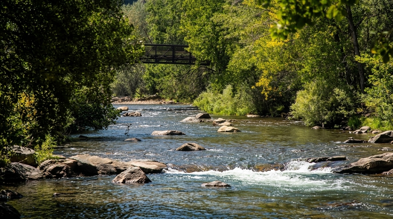 A shallow river with rocks flows under a metal footbridge surrounded by green trees and foliage in Golden, CO.