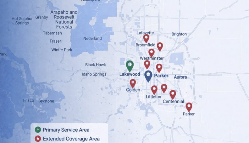 Service area map of the Denver metro area showing primary and extended coverage zones across cities including Parker, Aurora, Lakewood, Centennial, Littleton, and Brighton.