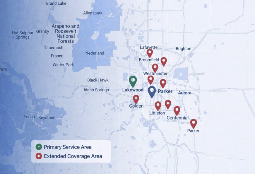 Service area map of the Denver metro area showing primary and extended coverage zones across cities including Parker, Aurora, Lakewood, Centennial, Littleton, and Brighton.
