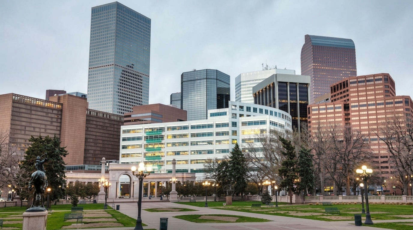 A cluster of modern office buildings and skyscrapers rises behind a park with trees, walkways, and streetlights, capturing the urban downtown vibe near Morrison, CO.