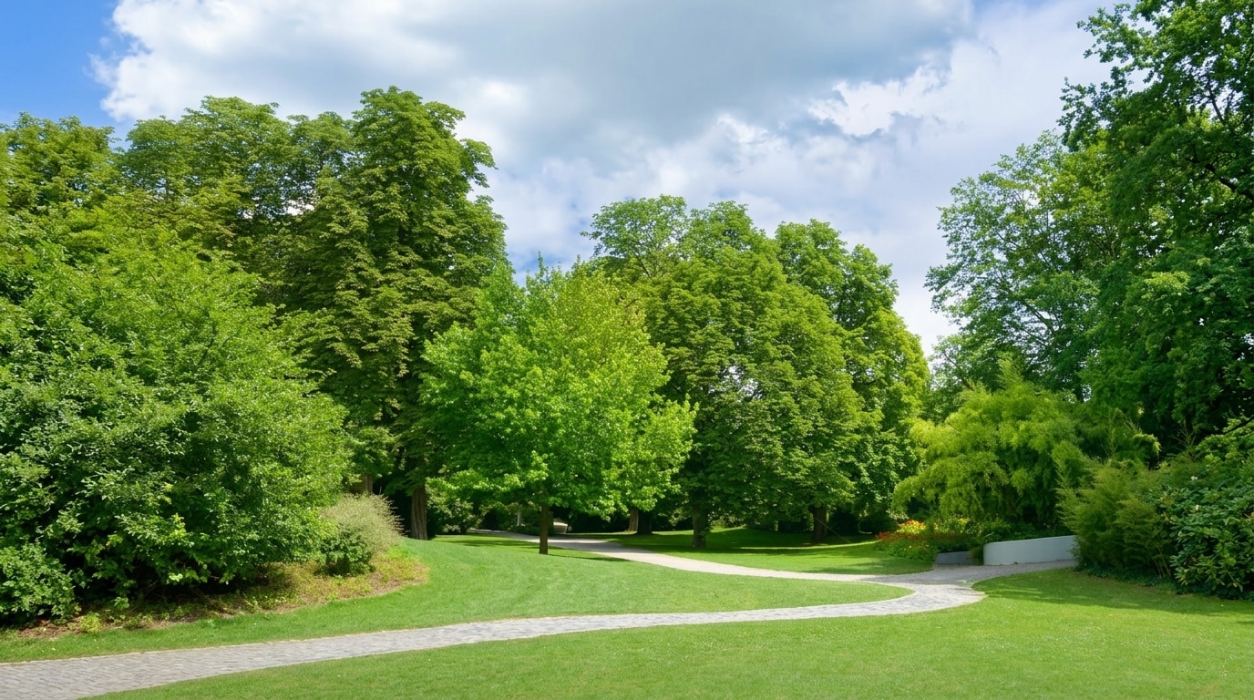 A paved path curves through a green park in Morrison, CO, with large trees and bushes under a partly cloudy sky.