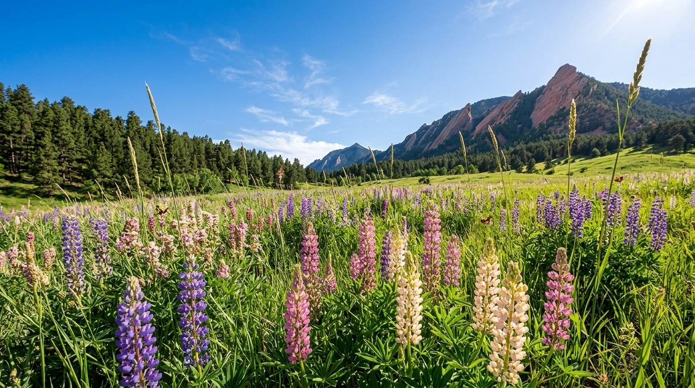 A field of purple, pink, and white lupine flowers blooms near Westminster, CO, with pine trees and rocky mountains in the background under a blue sky.