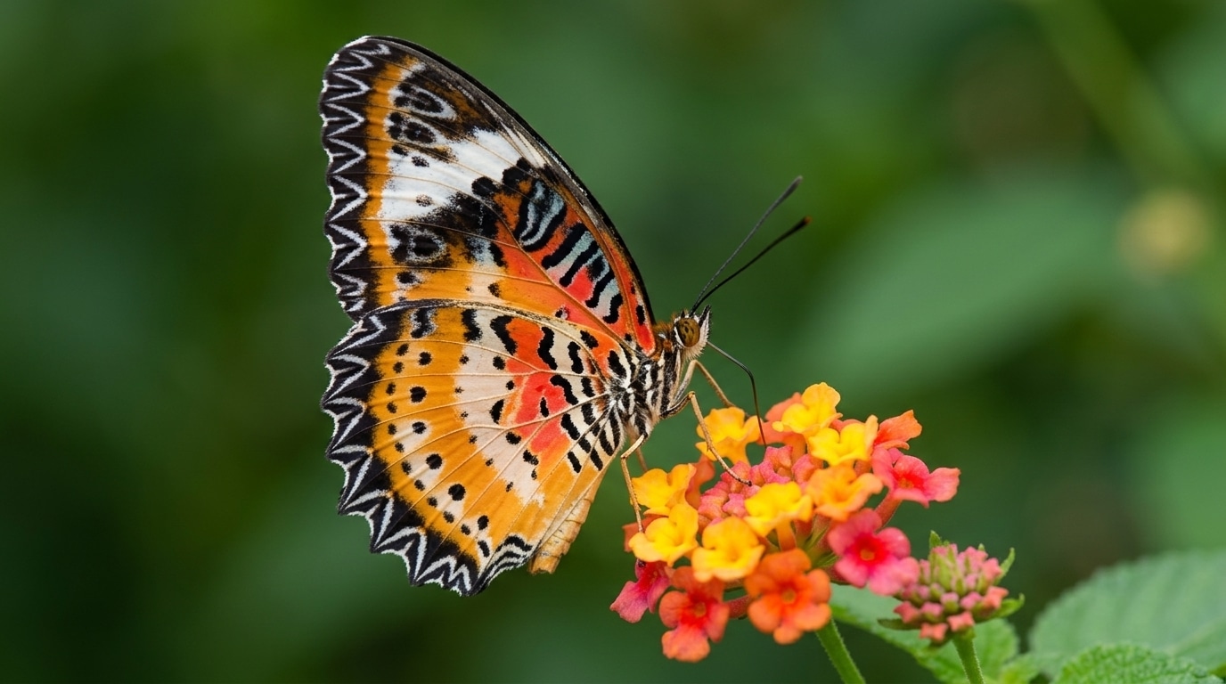 A butterfly with orange, black, and white patterned wings is perched on small yellow and orange flowers against a green blurred background.