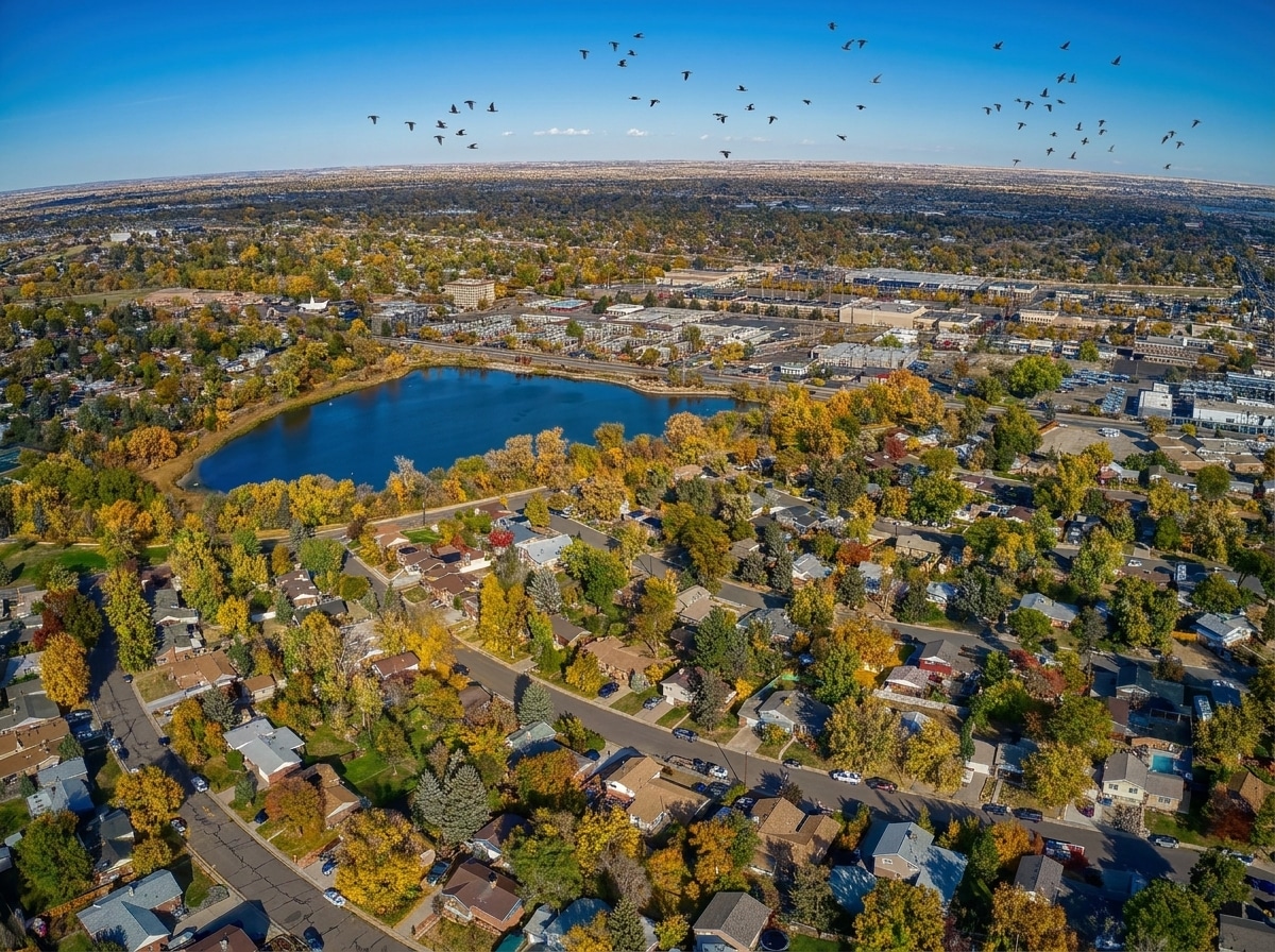 Aerial view of a suburban Thornton, CO neighborhood with a lake at its center, surrounded by trees with fall foliage and a flock of birds flying overhead under a clear blue sky.