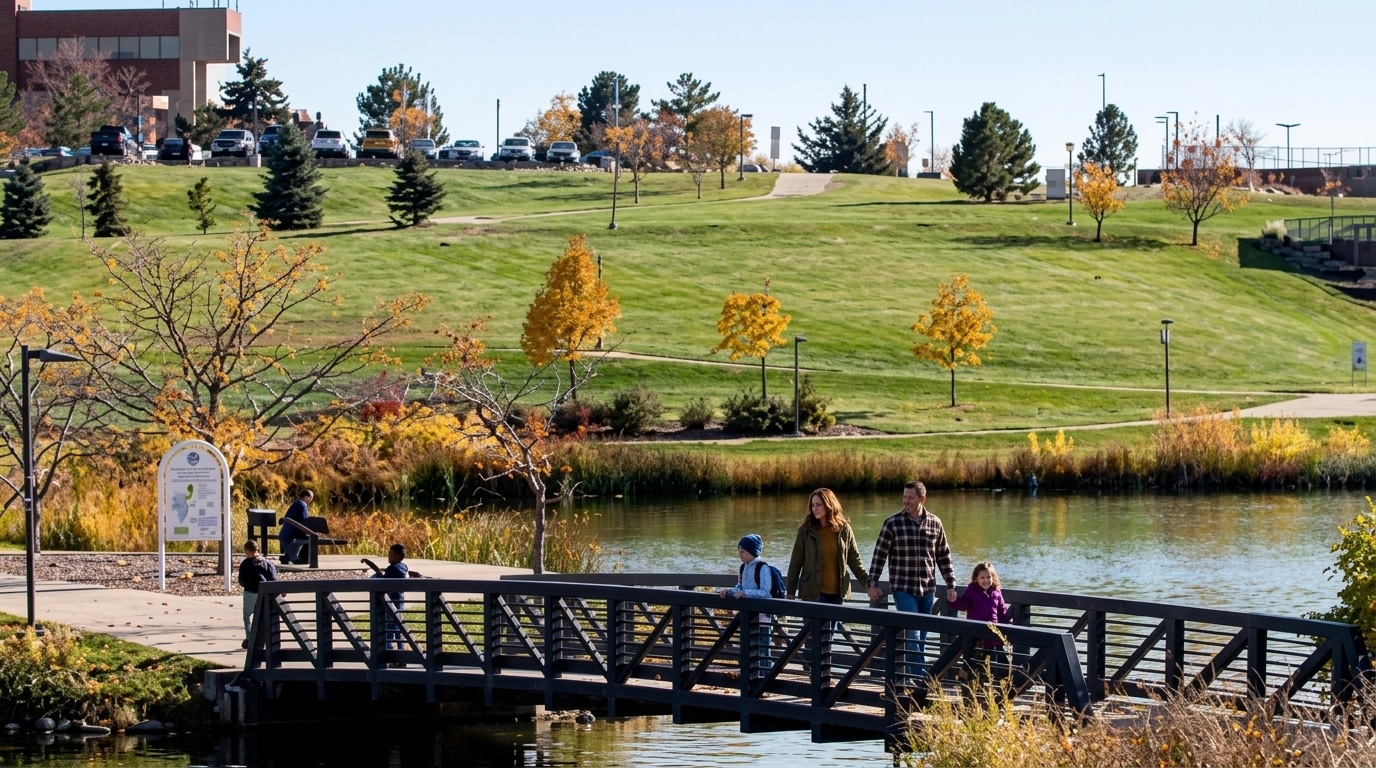 A family of four walks across a small metal bridge over a pond in a Thornton, CO park, with grassy hills, trees, and parked cars in the background.