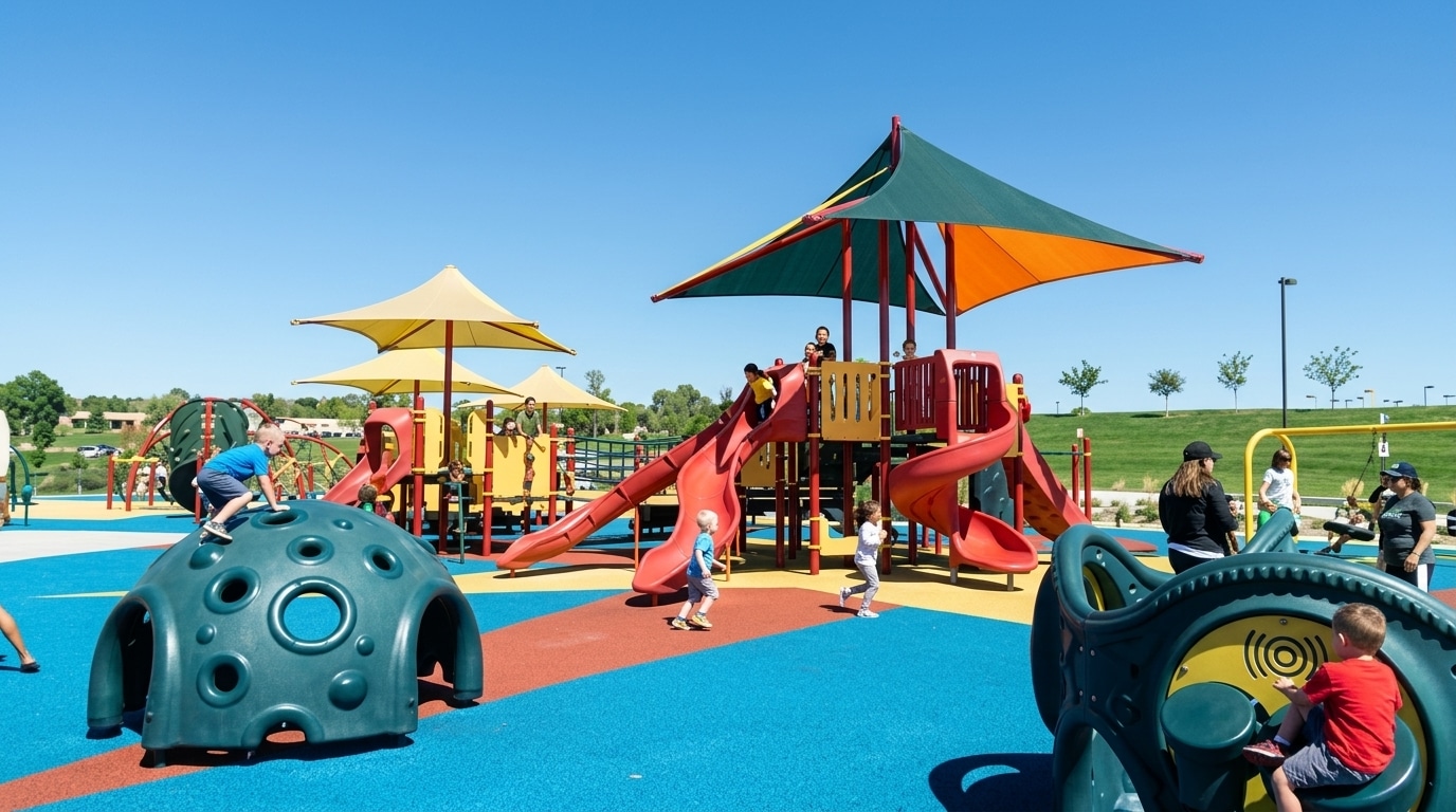 Children play on a colorful outdoor playground with slides, climbing structures, and shade canopies under a clear blue sky in Thornton, CO.