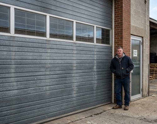 mad beside a commercial garage door
