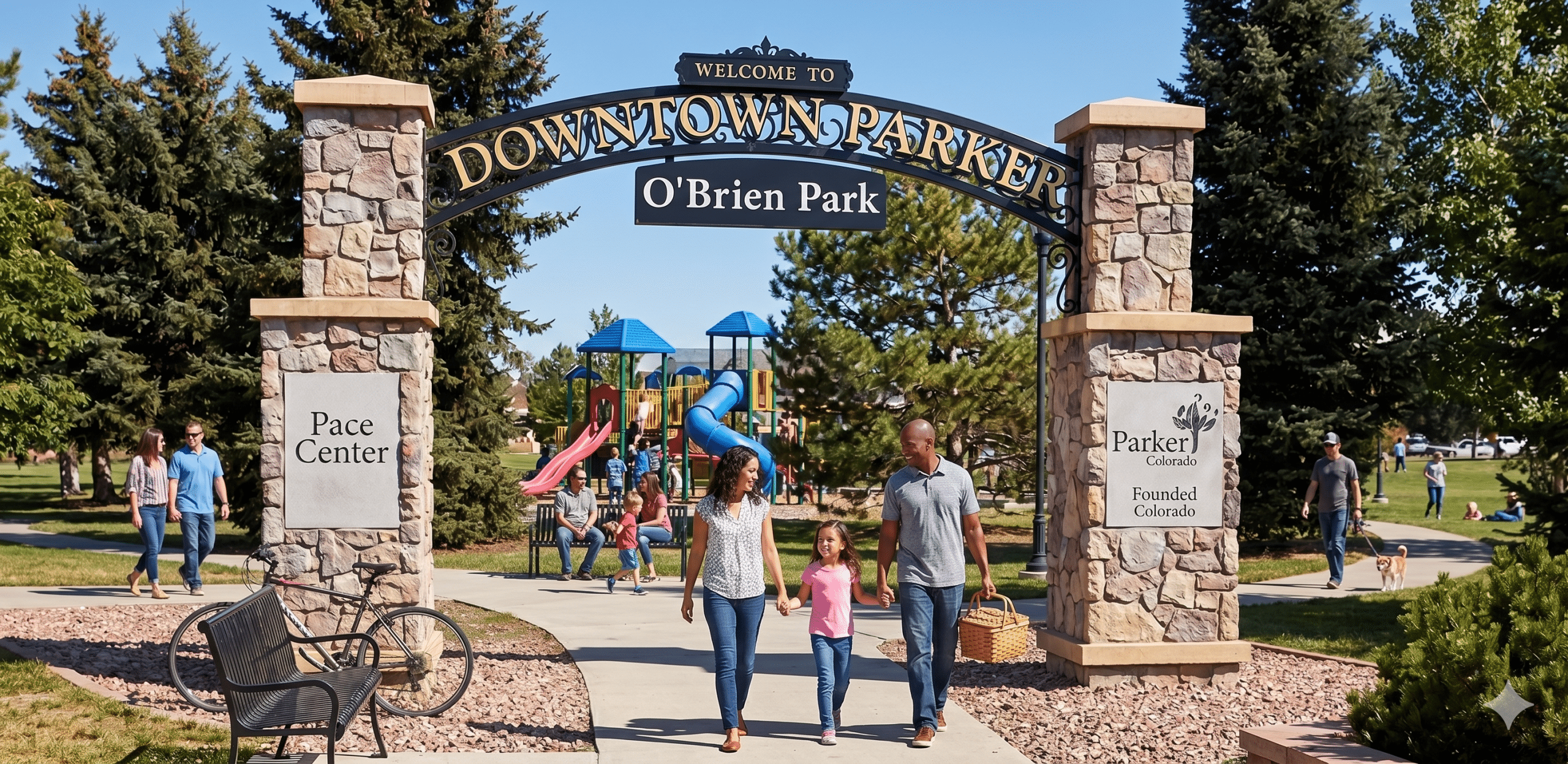 Family walking through the Welcome to Downtown Parker arch at O'Brien Park with a playground and green trees in the background.