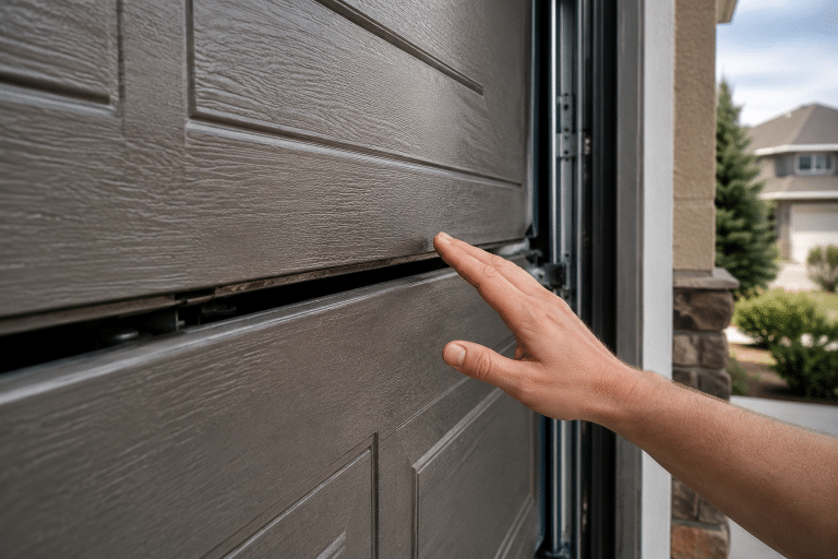 Close up of a partially open residential garage door showing the gap between sectional panels