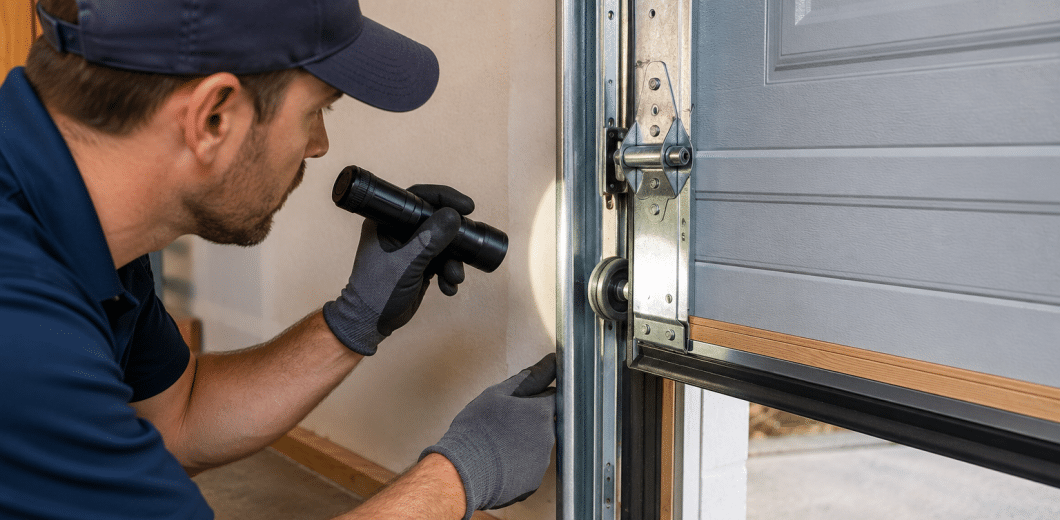 Garage door technician wearing gloves uses a flashlight to inspect the side track, rollers, and hinges of a partially open residential garage door.