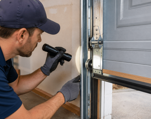 Garage door technician wearing gloves uses a flashlight to inspect the side track, rollers, and hinges of a partially open residential garage door.