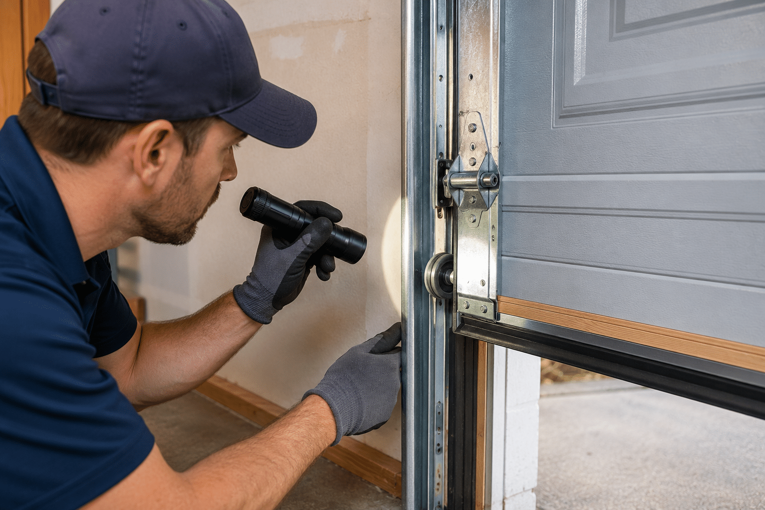 Garage door technician wearing gloves uses a flashlight to inspect the side track, rollers, and hinges of a partially open residential garage door.